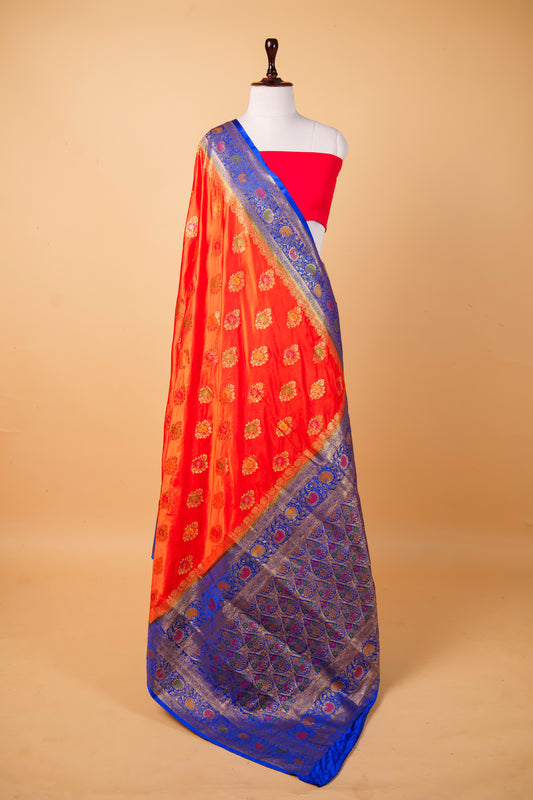 Banarasi Orange Mashru Silk Saree with Royal Blue Contrast Banarasi Zari Border