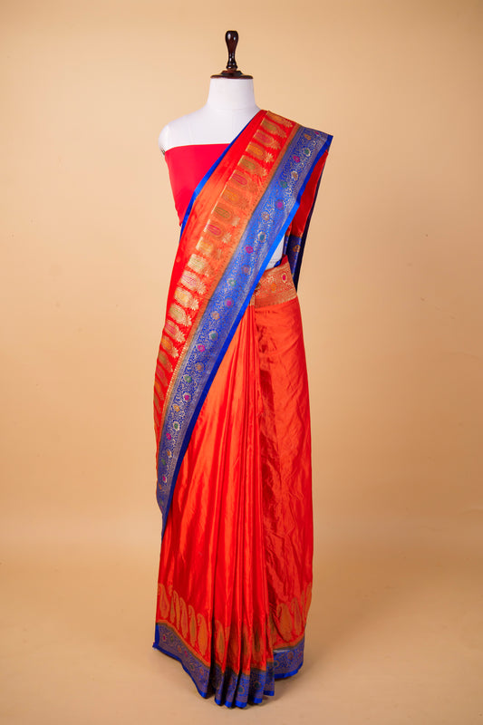 BanarasiPremium Orange Mashru Silk Saree with Royal Blue Contrast Zari Border