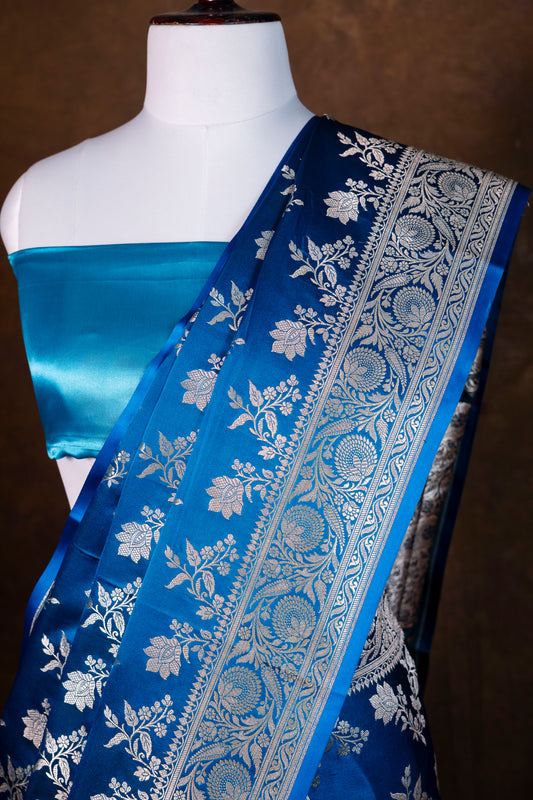 Royal Blue Pure Banarasi Mashru Silk Saree with Antique Silver Zari