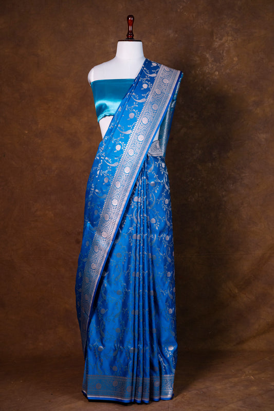 Sapphire Blue Pure Banarasi Mashru Silk Saree with Antique Silver Zari