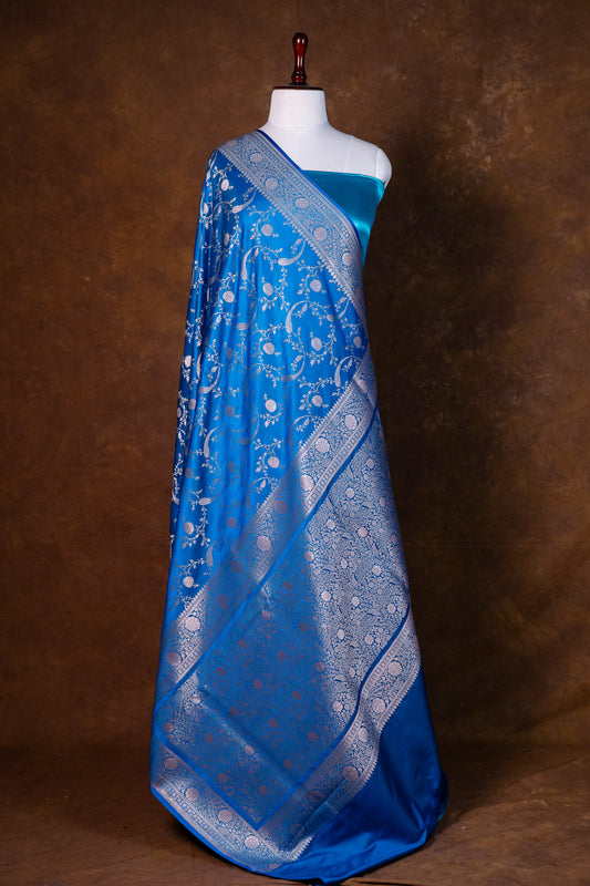 Sapphire Blue Pure Banarasi Mashru Silk Saree with Antique Silver Zari