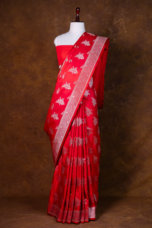 Classic Crimson Red Pure Banarasi Mashru Silk Saree with Silver Zari