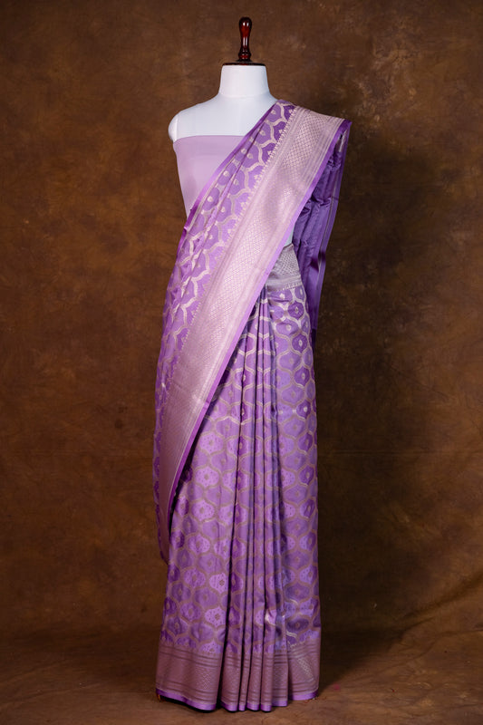 Lavender Purple Pure Banarasi Mashru Silk Saree with Silver Zari Work