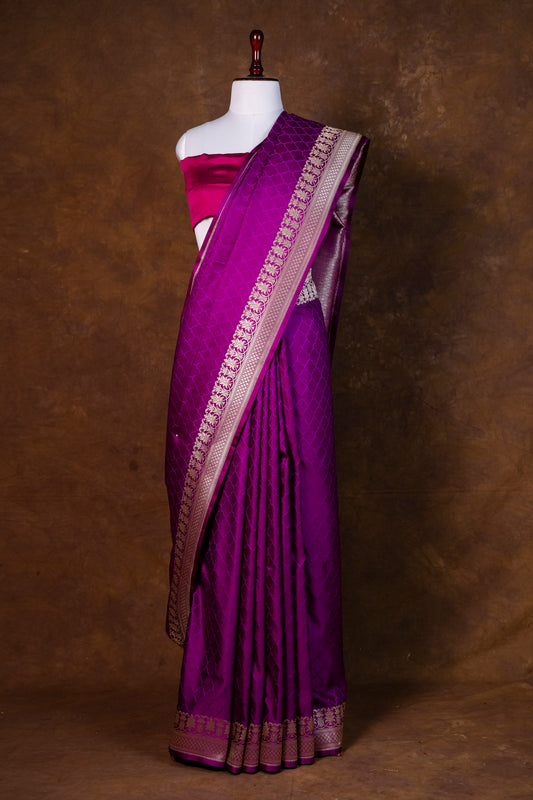 Royal Purple Pure Banarasi Mashru Silk Saree with Woven Gold Border