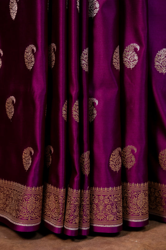 Plum Purple Pure Banarasi Mashru Silk Saree with Silver Zari Bootis
