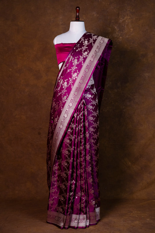 Wine Purple Pure Banarasi Mashru Silk Saree with Silver Floral Zari Weave