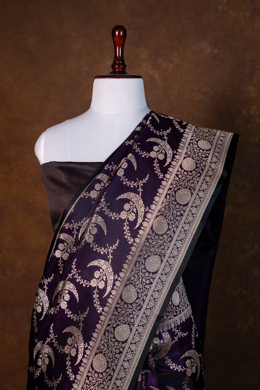 Midnight Indigo Pure Banarasi Mashru Silk Saree with Silver Paisley Vine Zari