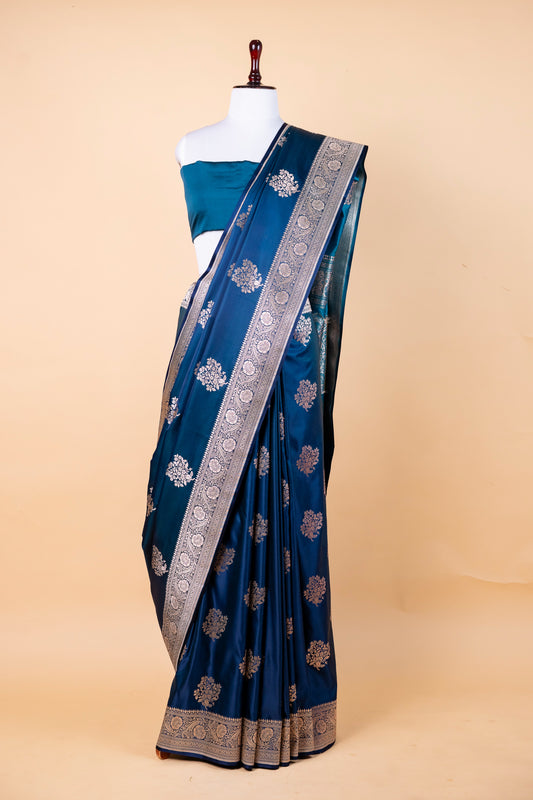 Teal Blue Banarasi Silk Saree with Silver Zari Motifs