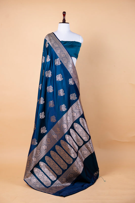 Teal Blue Banarasi Silk Saree with Silver Zari Motifs