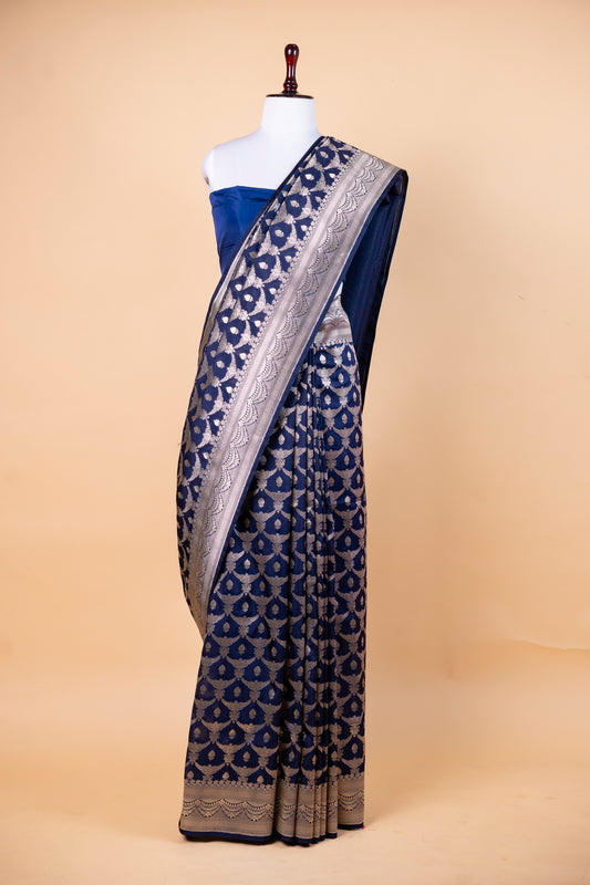 Royal Navy Blue Banarasi Silk Saree with Silver Zari Jaal Work