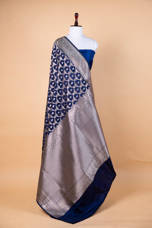 Royal Navy Blue Banarasi Silk Saree with Silver Zari Jaal Work
