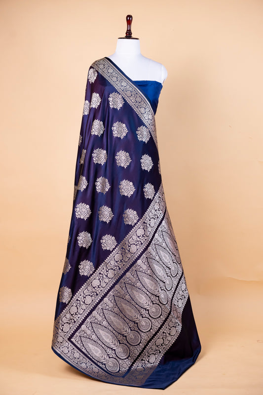 Navy Blue Pure Banarasi Mashru Silk Saree with Silver Zari Buta and Border