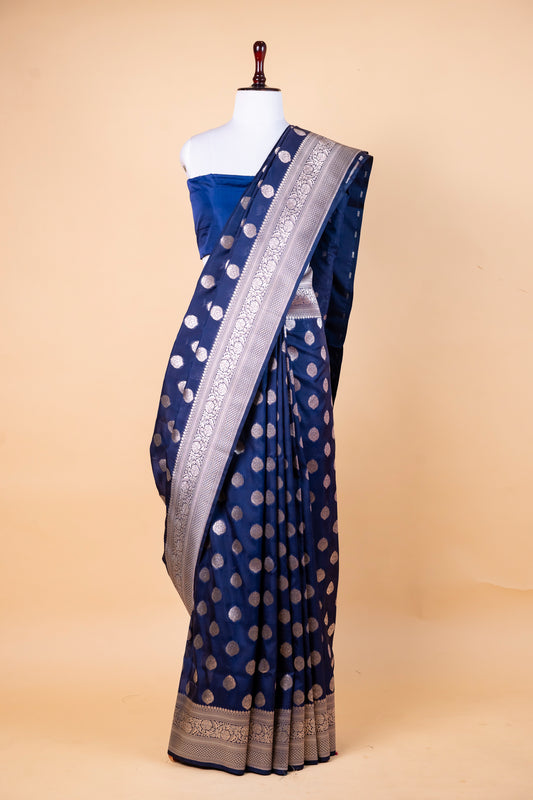 Royal Blue Bumber Silk Saree with Silver Zari Polka Buta & Border
