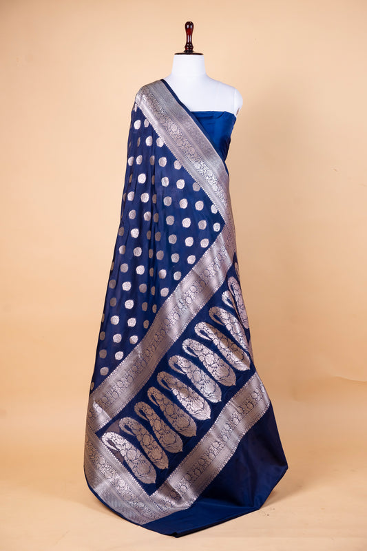 Royal Blue Bumber Silk Saree with Silver Zari Polka Buta & Border