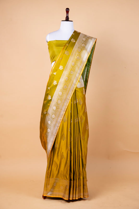 Mustard Yellow Mashru Silk Saree with Silver Zari Buta & Rich Border