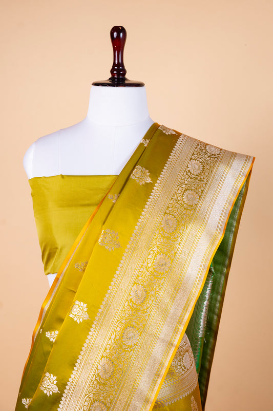 Mustard Yellow Mashru Silk Saree with Silver Zari Buta & Rich Border