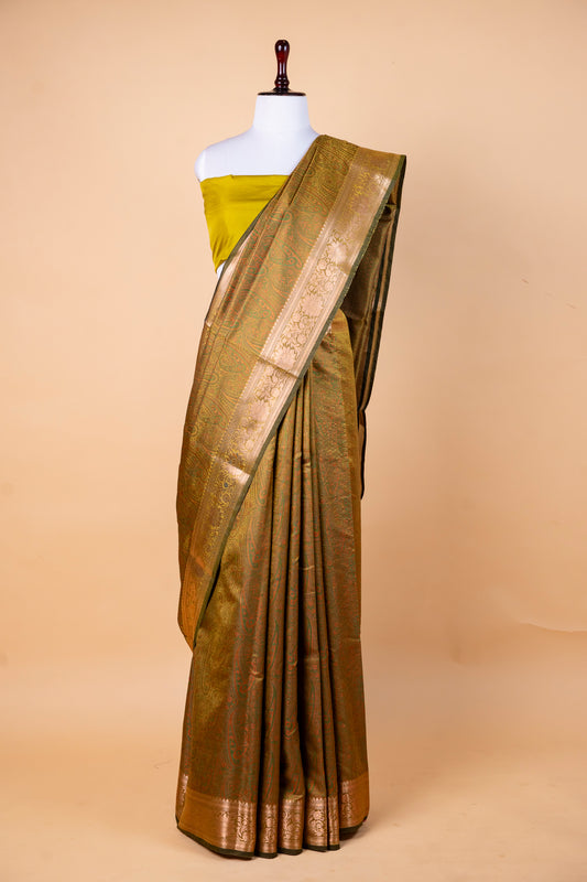 Olive Green Jamdani Silk Saree with Intricate Paisley Weave & Silver Zari Border
