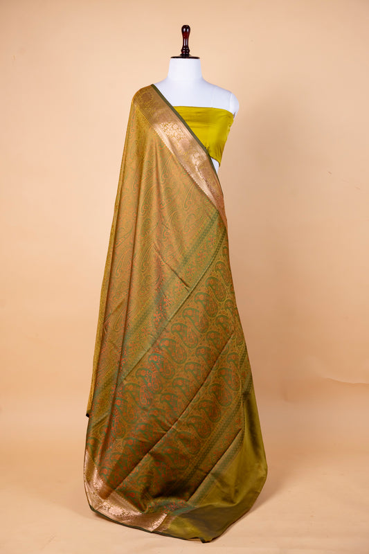 Olive Green Jamdani Silk Saree with Intricate Paisley Weave & Silver Zari Border
