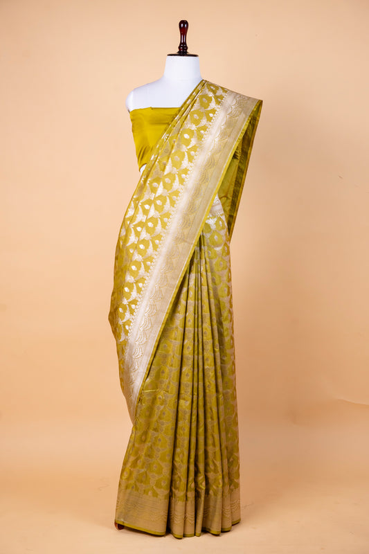 Lime Yellow Bumber Silk Saree with Silver Zari Buta & Classic Border