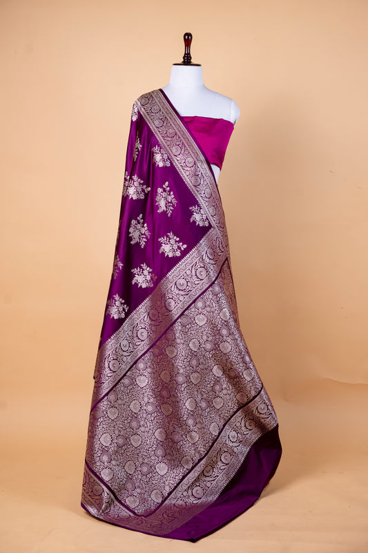 Deep Purple Pure Banarasi Mashru Silk Saree with Royal Elegance