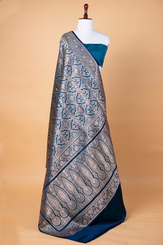 Teal Blue Pure Banarasi Mashru Silk Saree with Intricate Woven Zari Work