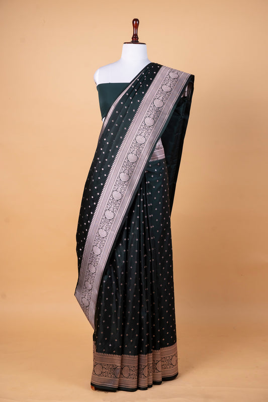 Deep Forest Green Pure Banarasi Mashru Silk Saree with Intricate Woven Zari Work