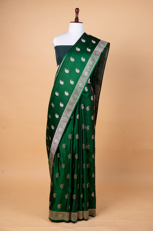 Emerald Green Pure Banarasi Mashru Silk Saree with Woven Buttis and Contrast Pallu