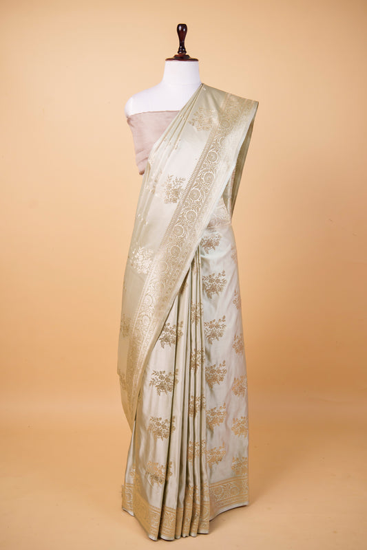 Banarasi Premium Ivory Mashru Silk Saree with Gold Zari Floral Buti & Heritage Border