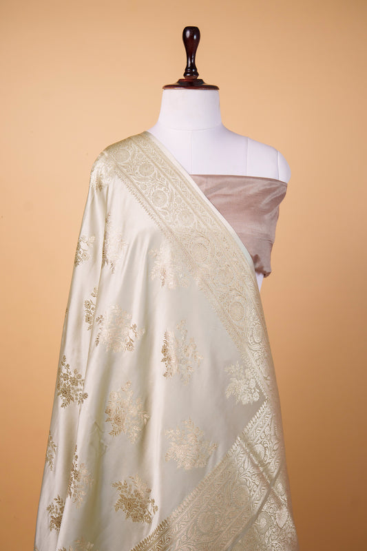 Banarasi Premium Ivory Mashru Silk Saree with Gold Zari Floral Buti & Heritage Border