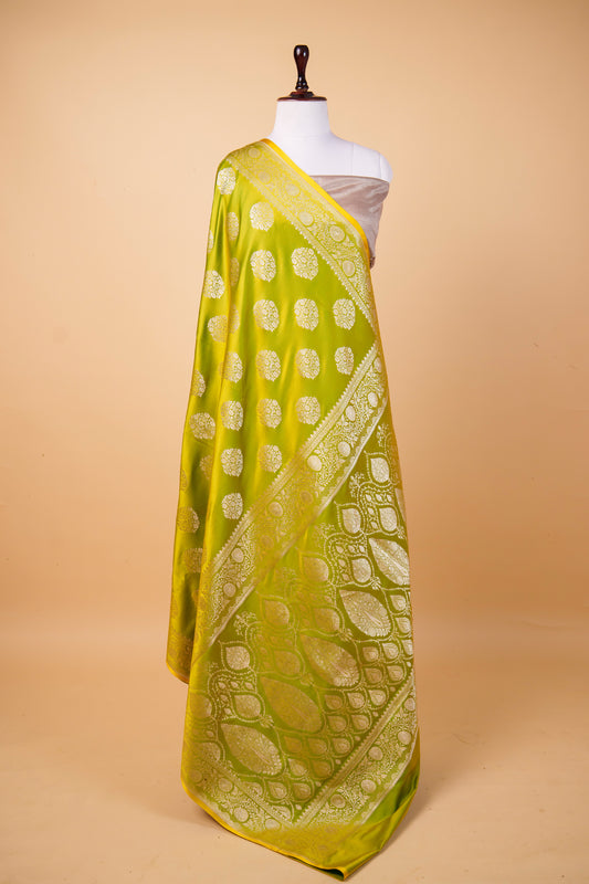 Banarasi Premium Lime Green Mashru Silk Saree with Gold Zari Floral Buti & Heritage Border