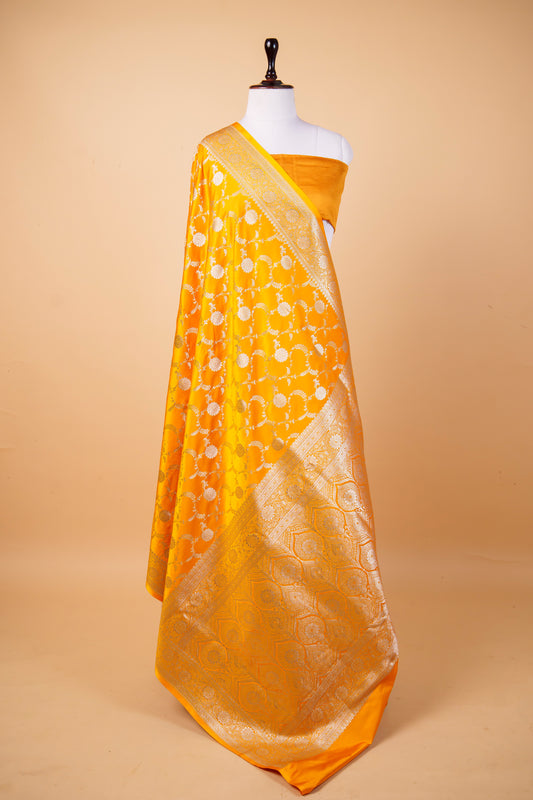 Banarasi Premium Mustard Yellow Mashru Silk Saree with Gold Zari Floral Jaal & Heritage Border