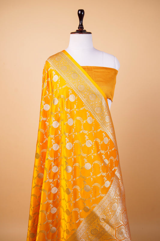 Banarasi Premium Mustard Yellow Mashru Silk Saree with Gold Zari Floral Jaal & Heritage Border