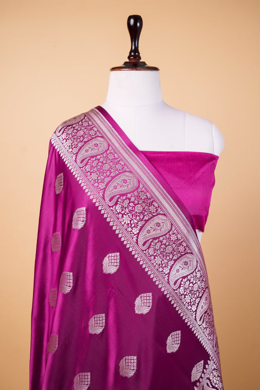 BanarasiPremium Magenta Mashru Silk Saree with Silver Zari Buti & Grand Paisley Pallu