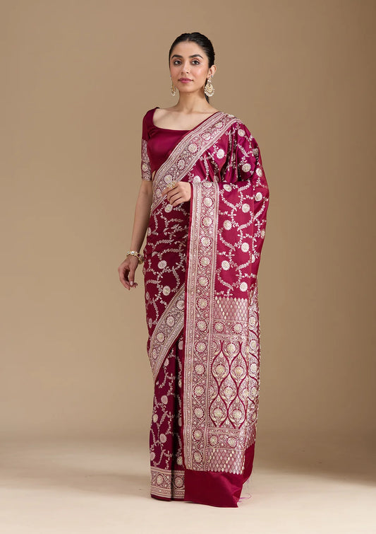 Banarasi Royal Maroon Mashru Silk Saree with Intricate Floral Embroidery