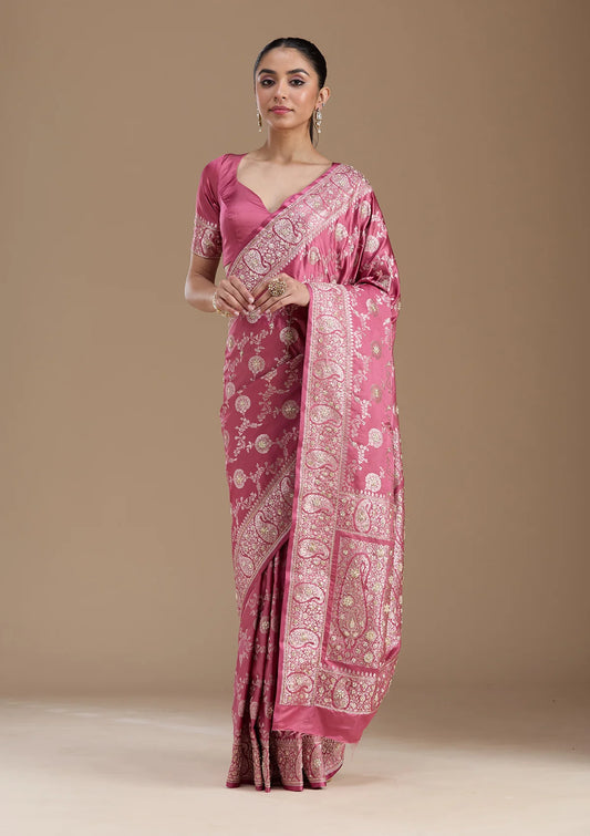 Banarasi Onion Pink Mashru Silk Saree with Intricate Hand Embroidery & Heritage Paisley Border