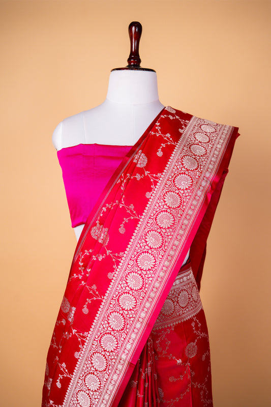 Royal Red Pure Banarasi Mashru Silk Saree with Elegant Silver Zari Work