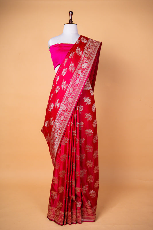 Elegant Rani Pink Pure Banarasi Mashru Silk Saree with Gold Zari Buti and Traditional Border