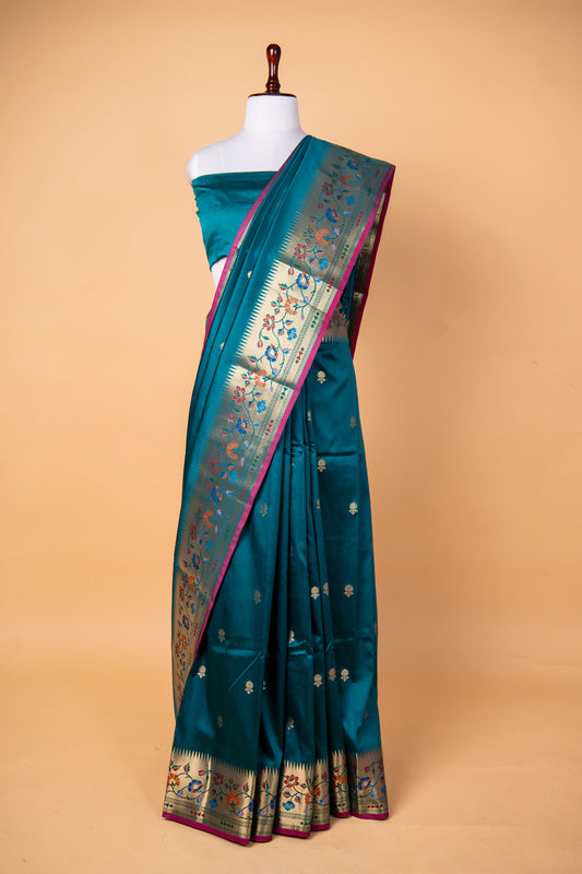 Elegant Teal Blue Paper Silk Saree with Floral Zari Border