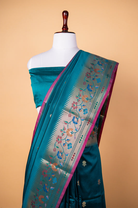 Elegant Teal Blue Paper Silk Saree with Floral Zari Border
