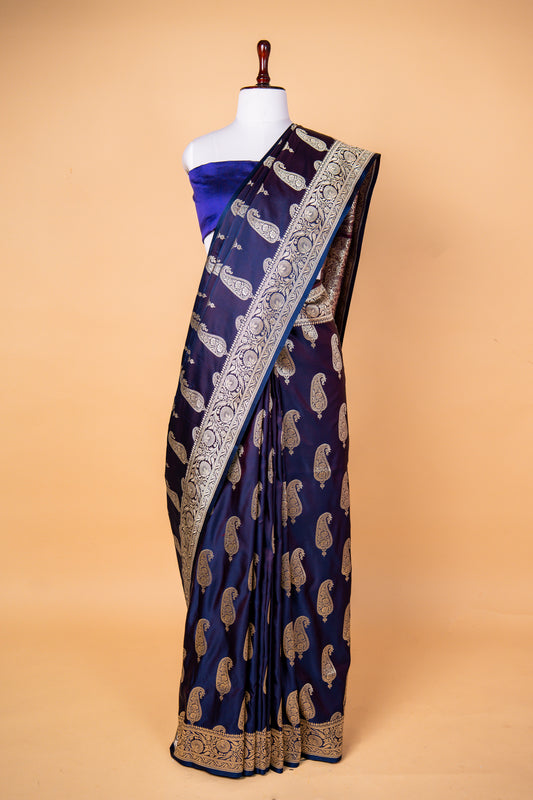 Royal Navy Blue Pure Banarasi Mashru Silk Saree with Antique Gold Paisley Zari Weaving