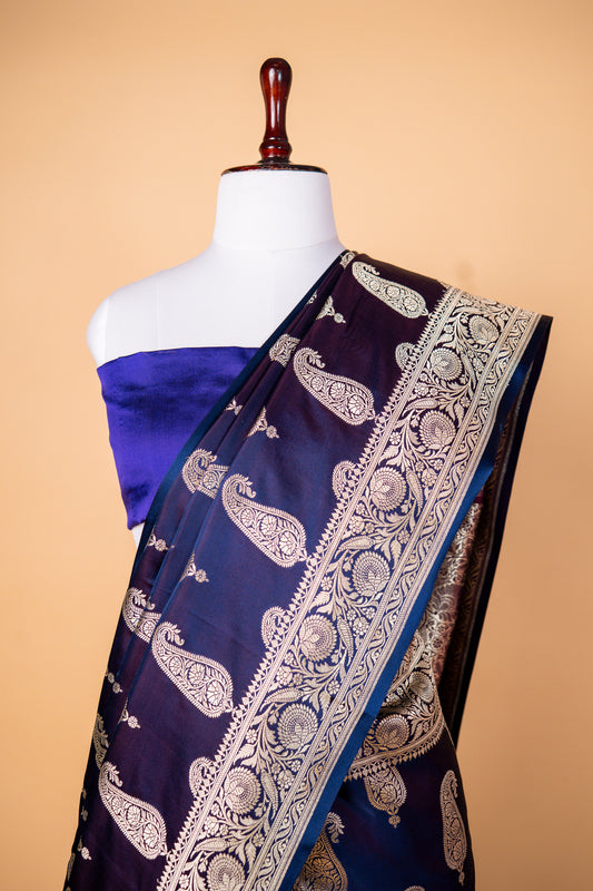 Royal Navy Blue Pure Banarasi Mashru Silk Saree with Antique Gold Paisley Zari Weaving