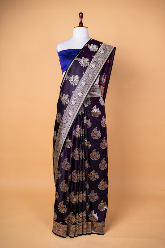Royal Purple Pure Banarasi Mashru Silk Saree with Silver Zari Floral Buti