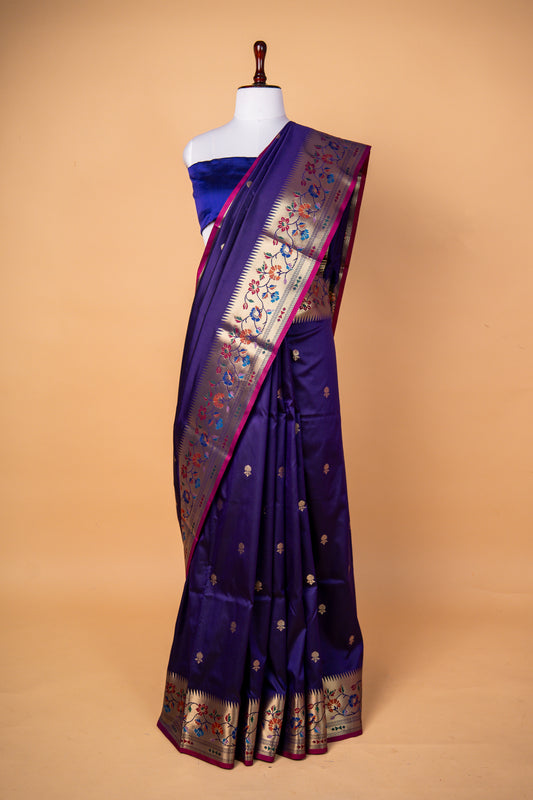 Banarasi Royal Violet Paper Silk Saree with Multicolor Floral Zari Border