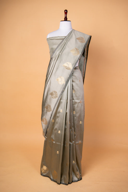 Banarasi Silver Grey Paper Silk Saree with Gold Zari Paisley Weaving