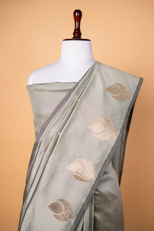 Banarasi Silver Grey Paper Silk Saree with Gold Zari Paisley Weaving