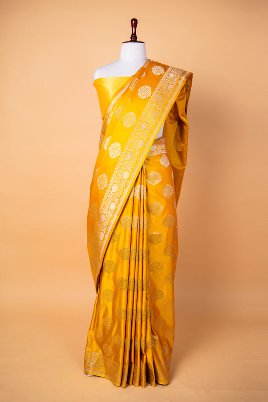 Mustard Yellow Pure Banarasi Mashru Silk Saree with Silver Zari Circular Buti