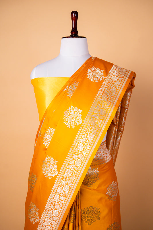 Mustard Yellow Pure Banarasi Mashru Silk Saree with Silver Zari Circular Buti