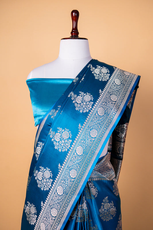Royal Sky Blue Pure Banarasi Mashru Silk Saree with Silver Zari Floral Buti