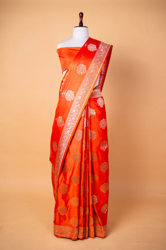 Golden Orange Pure Banarasi Mashru Silk Saree with Silver Zari Buti Work