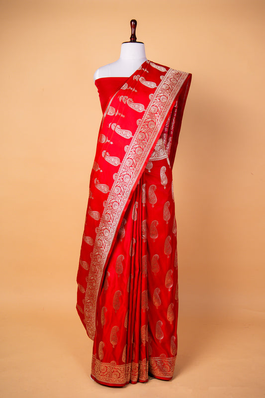 Red Pure Banarasi Mashru Silk Saree with Paisley Zari Weaving